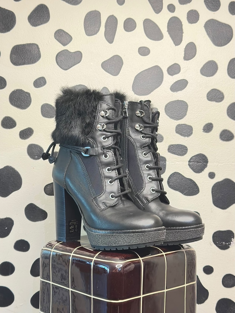 RUDSAK Black Faux Fur Lace-Up Platform Ankle Boots
